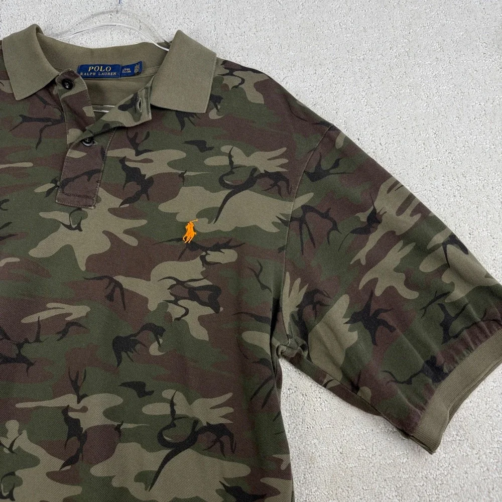 Polo Ralph Lauren Polo Shirt Mens LT L Tall Green Camo Orange Pony Logo